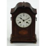 EDWARDIAN MARQUETRY INLAID MAHOGANY MANTEL CLOCK, the 5 1/2" enamelled dial, powered by an eight day
