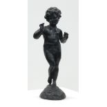 CAST METAL BLACK FINISHED STANDING FIGURE OF A CHERUB. Height 55cm.