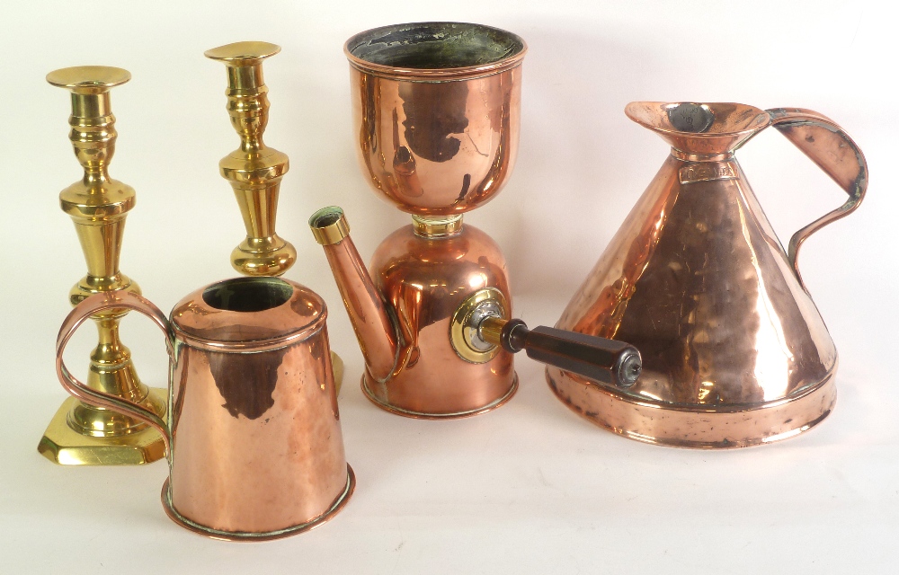 ANTIQUE COPPER 2 GALLON CONICAL HARVEST JUG, 8" (20.3cm) high, TOGETHER WITH AN ANTIQUE COPPER