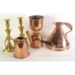 ANTIQUE COPPER 2 GALLON CONICAL HARVEST JUG, 8" (20.3cm) high, TOGETHER WITH AN ANTIQUE COPPER
