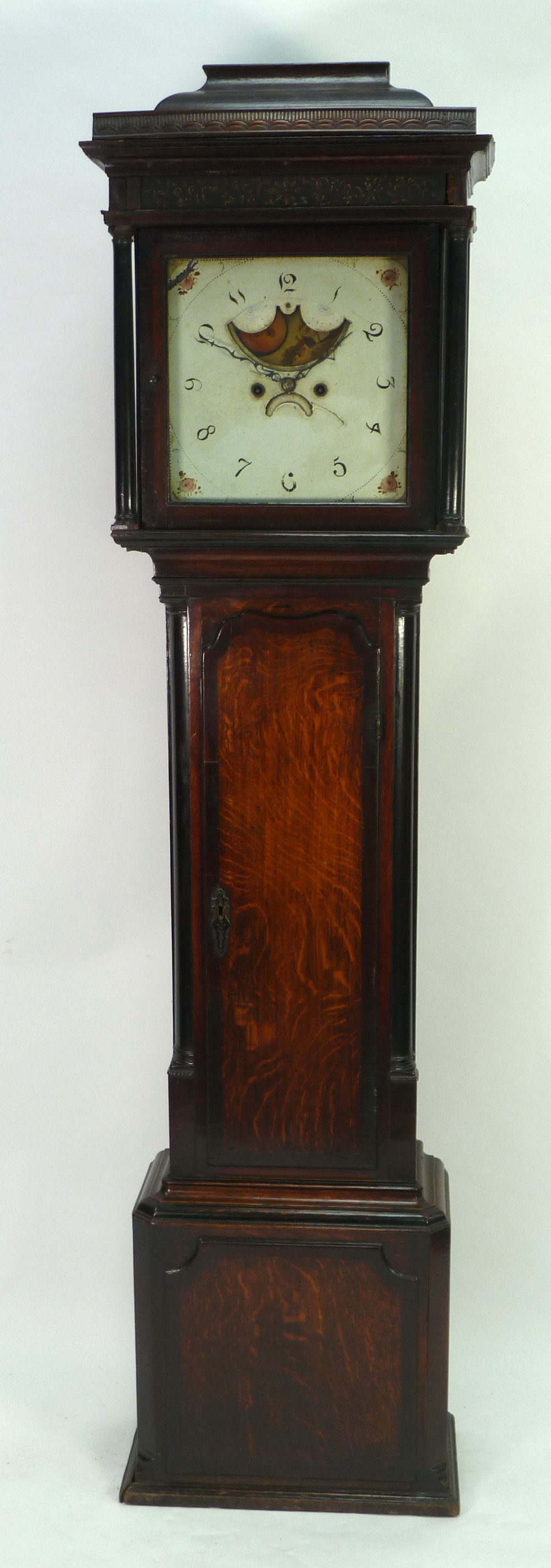 LATE EIGHTEENTH CENTURY MAHOGANY CROSSBANDED OAK LONGCASE CLOCK with rolling moonphase, the 13"