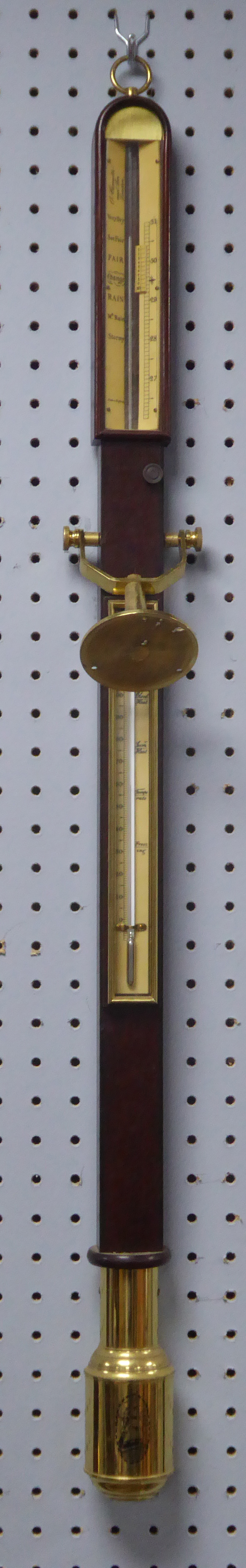 A. COMITTI AND SON. REPRODUCTION MAHOGANY MARINE STICK BAROMETER, of typical form with thermometer