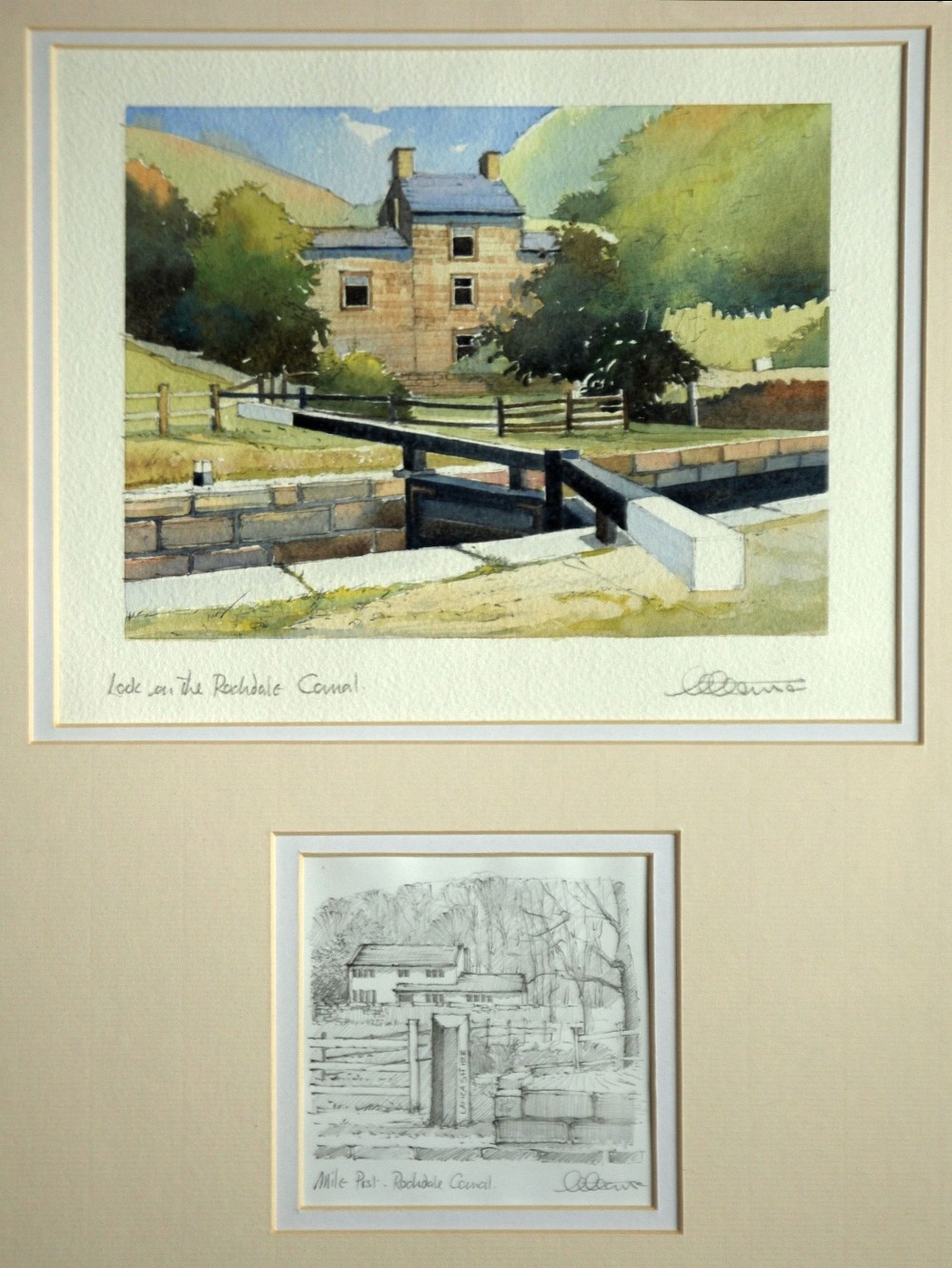 GEOFF COWDEN (TWENTIETH CENTURY) SET OF FOUR WATERCOLOUR DRAWINGS "Town Hall" "Lock on The - Image 2 of 4