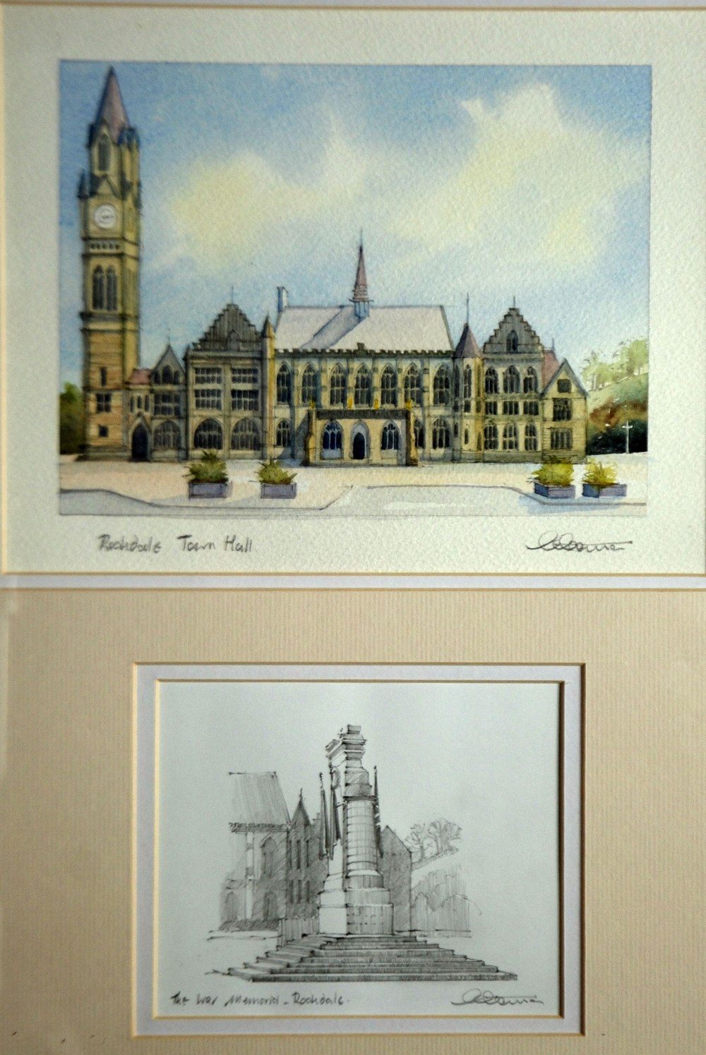 GEOFF COWDEN (TWENTIETH CENTURY) SET OF FOUR WATERCOLOUR DRAWINGS "Town Hall" "Lock on The - Image 3 of 4