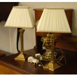 PAIR OF BRASS CORINTHIAN PILLAR ELECTRIC TABLE LAMPS AND A BRASS OIL LAMP PATTERN ELECTRIC TABLE