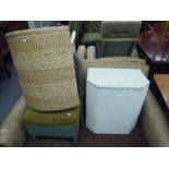 A LLOYD LOOM TUB CHAIR AND LINEN BASKET, TWO SIMILAR PIECES AND A CORNER LINEN RECEIVER (5)