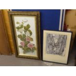 AN EARLY 1900'S OIL PAINTING ON OPAQUE WHITE GLASS 'FLOWERS', ALSO A FACSIMILE PRINT AFTER BARBARA