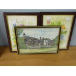 MOSS PEN AND WASH DRAWING 'WYTHENSHAWE HALL' SIGNED 7" X 10" AND J. BURKE PAIR OF WATERCOLOUR