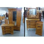 WAXED WALNUT EDWARDIAN FOUR PIECE BEDROOM SUITE CONSISTING OF A; SINGLE DOOR WARDROBE WITH CENTRE