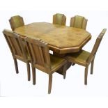 ART DECO STYLE BUR-WALNUT VENEER EXTENDING DINING TABLE WITH TWO ADDITIONAL LEAVES AND EIGHT CLOSE