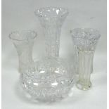 A LARGE CUT GLASS CIRCULAR LIGHT SHADE AND TWO CUT GLASS VASES AND TWO OTHER VASES (5)