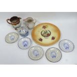 SET OF FIVE JOHN WESLEY SAUCER DISHES, A BLUE AND WHITE CUP AND LID, TWO LUSTRE JUGS AND A RACK