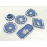 WEDGWOOD PALE BLUE AND WHITE JASPERWARE, 6 PIECES, INCLUDING CHURCHILL 1874-1974 SOUVENIR DISH