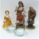 ROYAL DOULTON CHINA FIGURE 'SANDRA', TWO CAPO DI MONTE TINTED BISQUE FIGURES AND TWO OTHER PIECES (