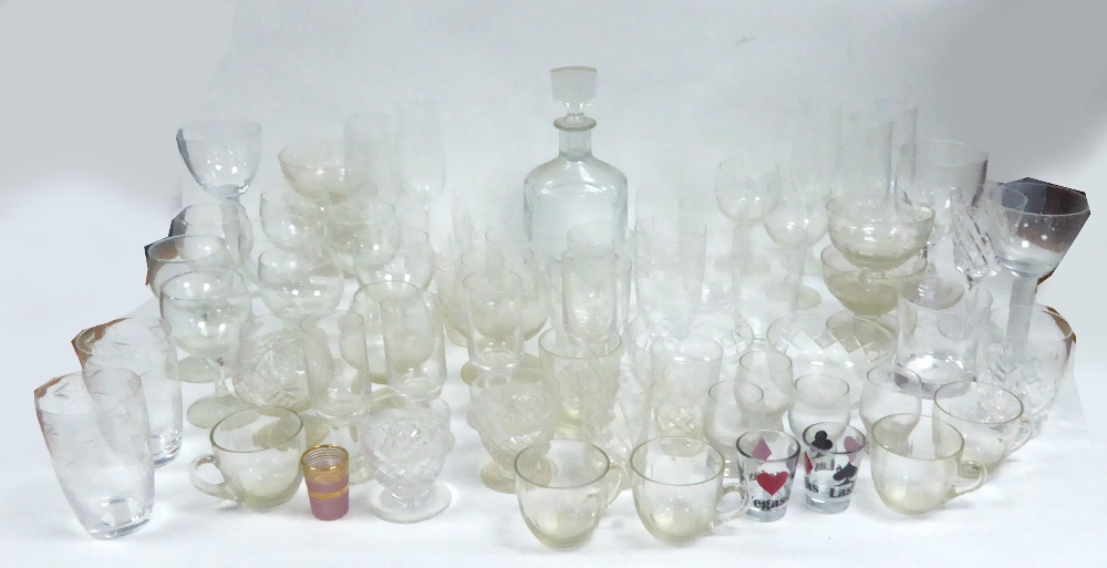 QUANTITY OF CUT GLASS AND PLAIN WINE GLASSES AND TUMBLERS AND A DECANTER