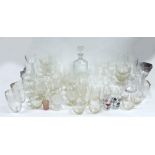 QUANTITY OF CUT GLASS AND PLAIN WINE GLASSES AND TUMBLERS AND A DECANTER
