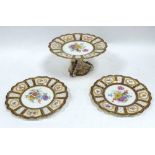 PARAGON CHINA RAISED COMPORT AND TWO MATCHING DESSERT PLATES, printed with flowers, dark blue and