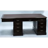 UNUSUAL TWIN PEDESTAL MAHOGANY PARTNER'S DESK, the moulded oblong top with brown faux leather insert