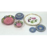 MALING, PINK LUSTRE POTTERY DISH WITH BLACK AND FLORAL PRINTED BORDERS, A SMALLER DISH, A SPODE