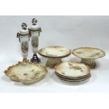 A SEVEN PIECE EARLY 1900's LIMOGES PORCELAIN DESSERT SERVICE ALSO A PAIR OF FRENCH STYLE METAL VASES
