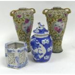 ORIENTAL ITEMS TO INCLUDE A PAIR OF VASES (ONE A.F.) A GINGER JAR AND COVER AND A PIERCED POT (4)