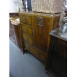 ART DECO CARVED OAK MAHOGANY CABINET, WITH SMALL CUPBOARD, THREE SHORT AND ONE LONG DRAWER, ON