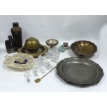 TWO MIDDLE EASTERN EMBOSSED BRASS BOWLS, 6" DIAMETER, A CUT GLASS KNIFE REST, CUT GLASS STOPPERS,