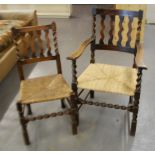 A LATE NINETEENTH CENTURY ELM CARVERS ARMCHAIR AND A PAIR OF MATCHING SINGLE CHAIRS WITH WAVY RAIL