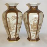 A PAIR OF NORITAKE CHINA HEXAGONAL VASES, 12" HIGH (ONE CHIPPED)