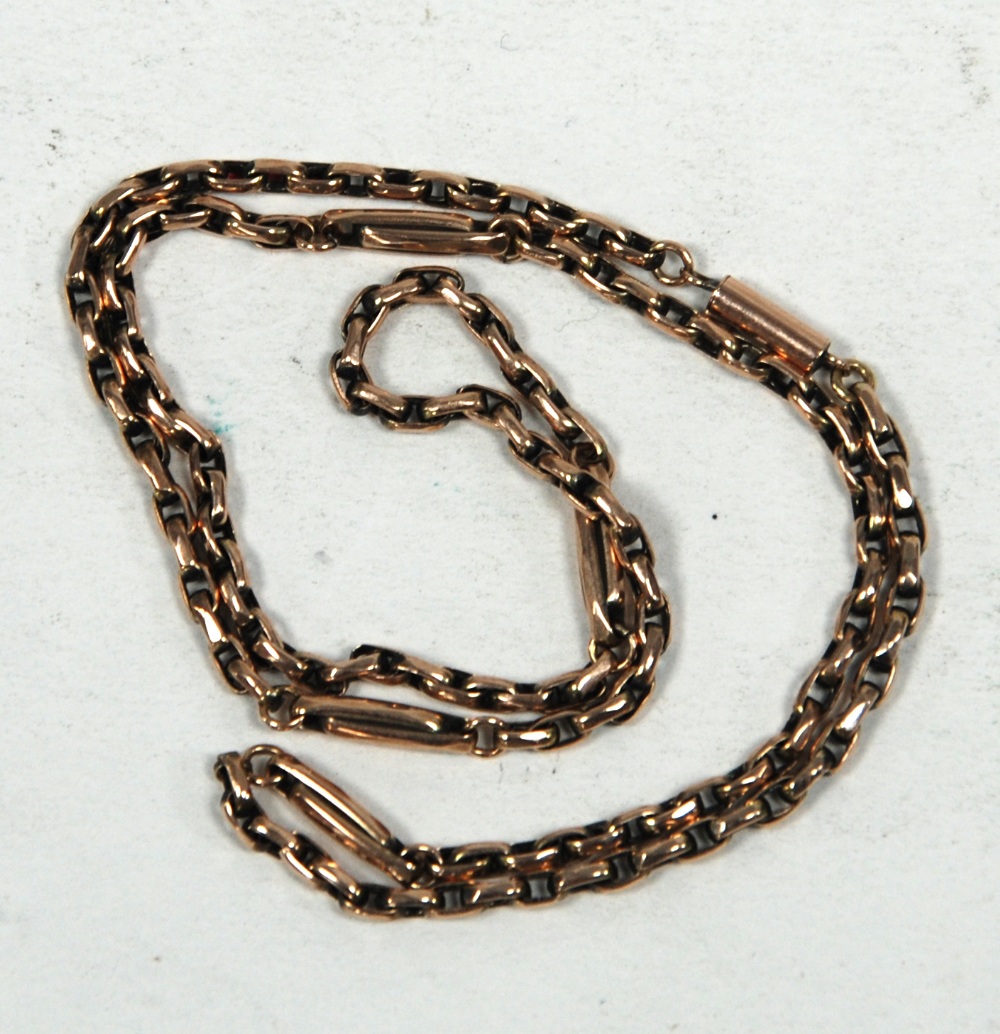 9ct GOLD CHAIN NECKLACE with belcher links and four long links at intervals, 17" (43.1cm) long, 5.