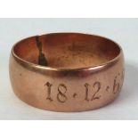9ct GOLD BROAD WEDDING RING, with engraved initials and date, 3.8gms, Birmingham hallmark 1938, ring