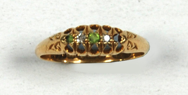 EDWARDIAN 18ct GOLD RING, with a setting of two tiny diamonds and two tiny blue stones (one missing)