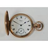 WALTHAM, USA, ROLLED GOLD HUNTER POCKET WATCH with keyless movement, white roman dial with