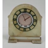 LE COULTRE, SWISS WHITE ONYX ART DECO MANTEL CLOCK, milestone shaped with green metal applied