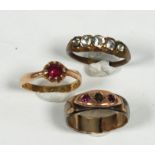 ANTIQUE GOLD RING, claw set with solitaire red stone, 9ct gold RING, gypsy set with two tiny rubies,