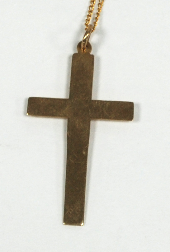 9ct GOLD PLAIN CROSS PENDANT, 1 1/2" high, 1.5gms Birmingham 1956 and the fine chain NECKLACE (