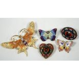 ITALIAN MICRO MOSAIC HEART SHAPED BROOCH, an oval MOSAIC BROOCH and 3 enamelled metal BUTTERFLY