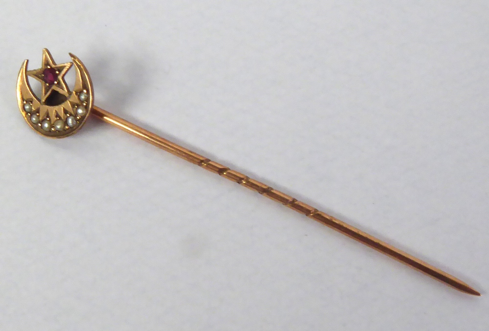 9ct GOLD STICK PIN, the star and crescent top set with seed pearls and a tiny ruby, in case, Chester