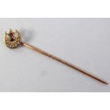 9ct GOLD STICK PIN, the star and crescent top set with seed pearls and a tiny ruby, in case, Chester