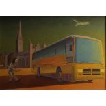 •DORIAN KER (b. 1948) OIL ON BOARD 'Duple coach by Salisbury Cathedral' Signed verso 20" x 28 3/