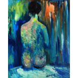 •LAWRENCE ISHERWOOD (1917 - 1988) OIL PAINTING ON BOARD, 'Lily' female nude seated, signed lower