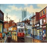 PATRICK BURKE (modern) OIL PAINTING ON ARTIST BOARD Oldham street scene with trams and motor car,