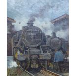 PATRICK BURKE (modern) OIL PAINTING ON ARTIST BOARD Two tank engines in a yard Signed lower left