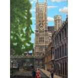 •HELEN LAYFIELD BRADLEY (1900 - 1979) OIL PAINTING ON CANVAS, 'Ely Cathedral', street scene with