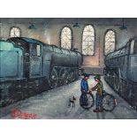 JAMES DOWNIE (b. 1949) OIL ON CANVAS 'The Engine Shed' Signed 12" x 15 3/4" (30.5 x 40cm)