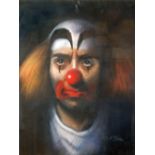 LARRY RUSHTON (20th Century) PASTEL Shoulder length portrait of a teary eyed clown Signed 22 1/2"