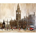 DAVID COULTER (20th/21st CENTURY) OIL ON BOARD Albert Square, Manchester with figures and trams