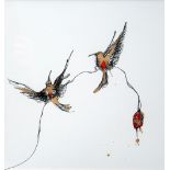 PABLLO DE LA CRUZ (20th/21st CENTURY) MIXED MEDIA ON PAPER Two Hummingbirds, 'Love' 9 3/4" x 9 3/