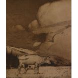 ADOLPH VALETTE (1876-1942) ETCHING, Landscape and cow with calf suckling, in the foreground,