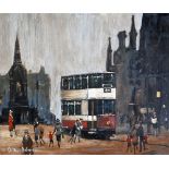 •ARTHUR DELANEY (1927 - 1987) OIL ON BOARD Albert Square, Manchester with figures and tram Signed 15